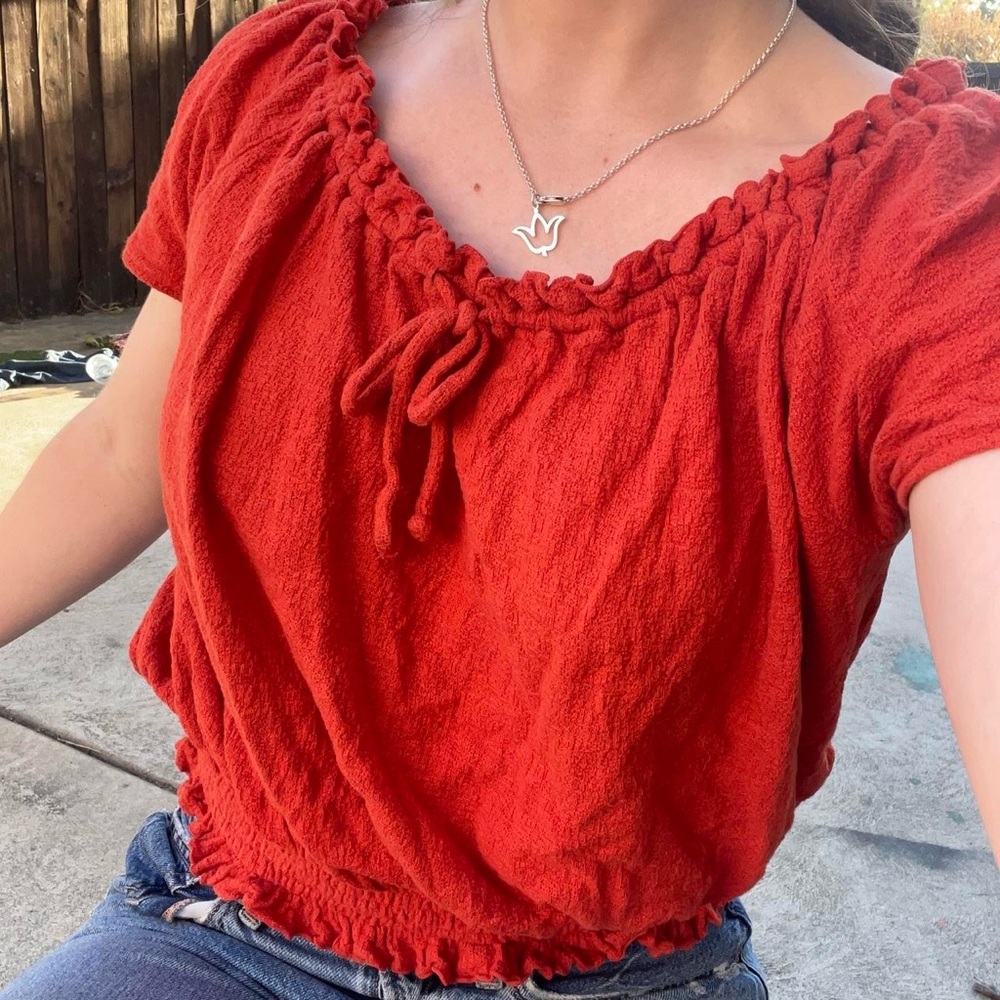 Madewell Red Puff Sleeve Ruched Blouse